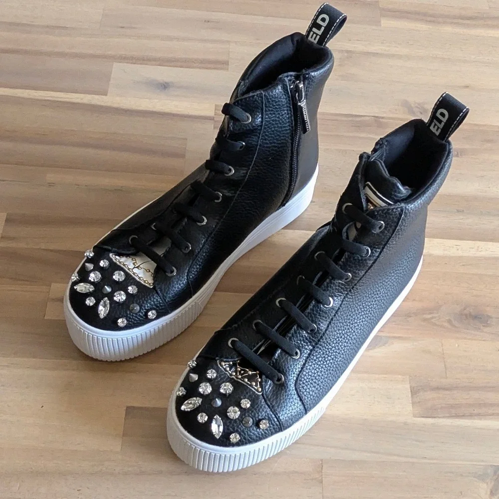 Karl Lagerfeld Paris Womens Embellished High Top Sneakers Leather Platform Sz 7.